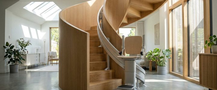 Monte-escalier moderne sur un escalier tournant, maison lumineuse