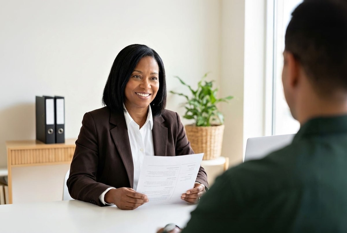 Une femme souriante en costume tient un document face à un homme en entretien Une femme souriante en costume tient un document face à un homme en entretien